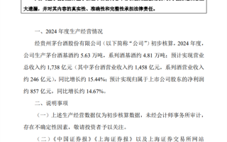 贵州茅台预计2024年营收1738亿元 净赚857亿元！