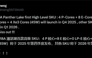 Intel Panther Lake首发版本曝光！其它等明年！